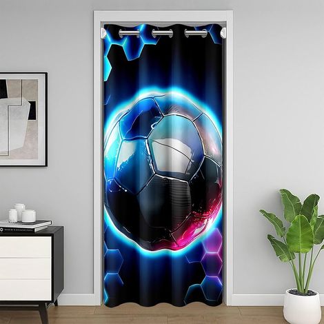 Rideau de Porte Football Rideau Occultant 86x203 Glitter Football Rideaux Porte Enfants Garçons Hommes Hexagon de Peigne de Miel Géométrie Bleu Noir Rideaux de Placard - 86L X 203H cm (1 Panneaux) (1/5)