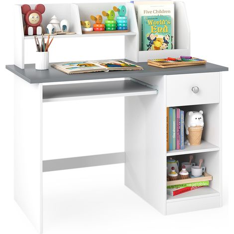 COSTWAY Kids Study Desk Wooden Writing Table with Keyboard Tray & Drawer-Grey