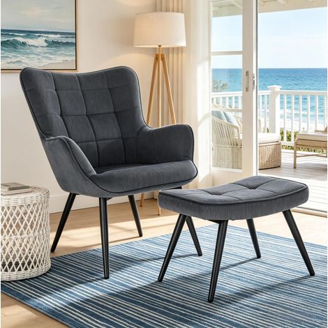 Fauteuil relax avec repose-pieds, dossier haut, 68 x 49 x 97 cm, velours côtelé gris foncé (1/5)