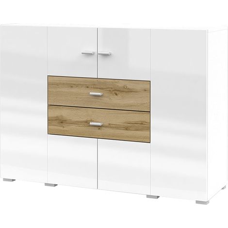 Credenza 2 ante 2 cassetti Akram bianco e legno (1/4)