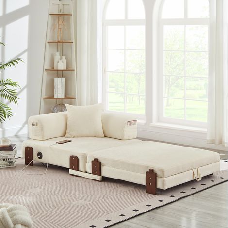 Divano letto pieghevole compatto beige in tessuto con porte USB e Type-C, contenitore e cuscino (1/5)