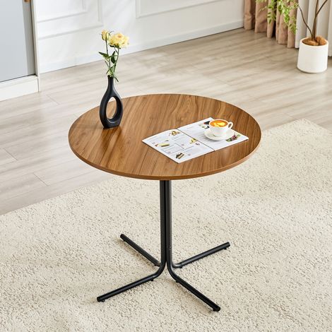 Table d'appoint ronde, plateau effet noyer, structure métallique noire tripode (1/5)