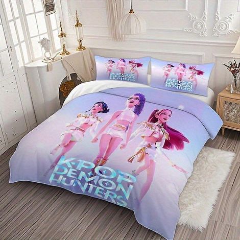 Parure de lit 3 pièces Kpop Demon Hunters TE116 - Housse de couette douce et confortable, idéale pour la chambre à coucher et la chambre d'amis (blanche).