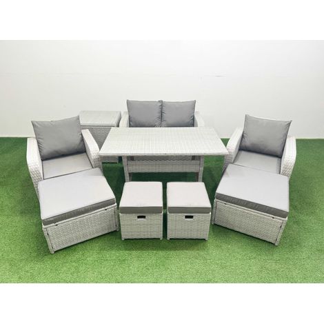 Fimous PE Rattan Lounge Sofa Set 8 Seater Outdoor Garden Furniture Set with Dining Table Love Sofa 2 Big Footstools Side Table Light Grey (1/4)