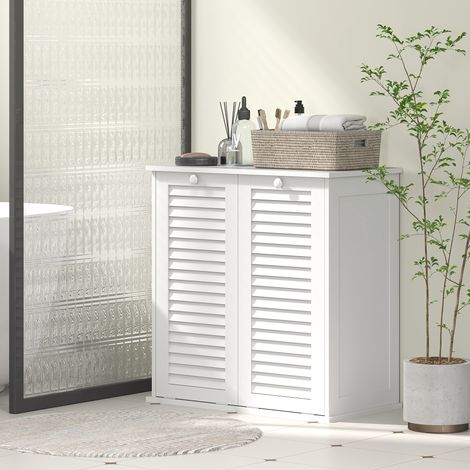 Meuble de rangement salle de bain avec panier à linge, armoire en bois à persiennes, 2 bacs coulissants, dimensions 70 x 38 x 73 cm, finition blanche. (1/5)