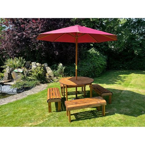 Knights Eight Seater Garden Furniture Round Table Set - L230 x W230 x H80 cm - Burgundy Parasol Included - Fully Assembled