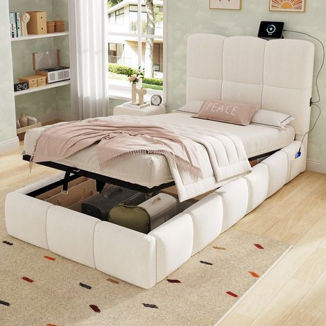 BATDTECH - Cama infantil 90x200 cm, Cama individual con somier, Cabecero acolchado con almacenaje hidráulico y puerto USB, Tapizado en terciopelo beige, sin colchón