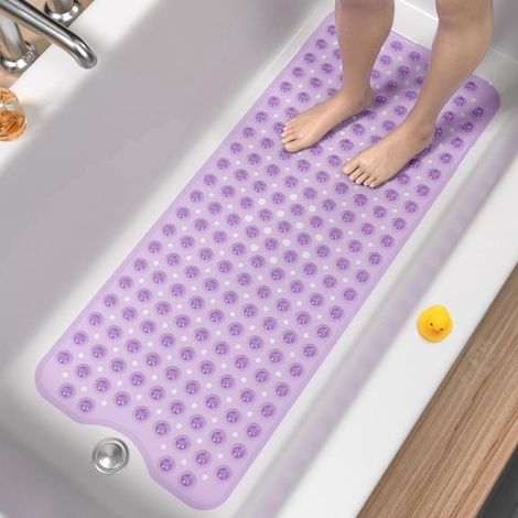 Tappetino antiscivolo rettangolare in PVC per vasca da bagno, 100x40 cm, morbido tappetino per pavimento doccia con ventose e fori di drenaggio, viola acceso (1/5)