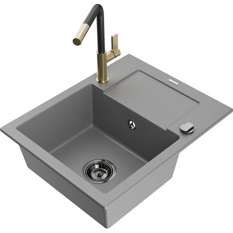 Mexen Enzo évier en granit 1 bac avec égouttoir et robinet de cuisine Flora, gris - 6506-71-670401-57-B (1/5)