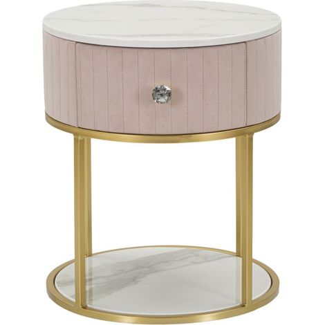 Comodino rotondo Montpellier in ecopelle rosa e ferro dorato — Ø 42x48 cm (1/5)