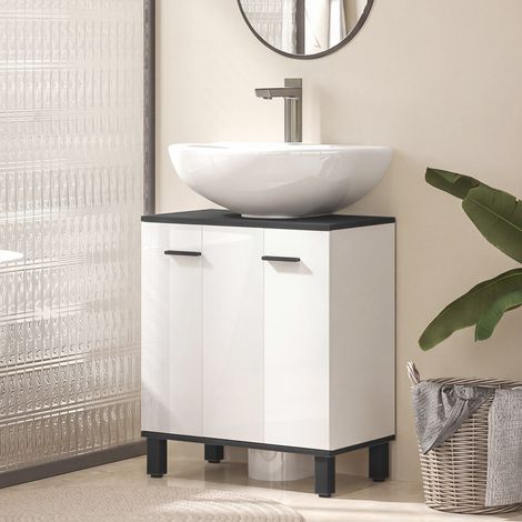 Meuble sous-évier à 2 portes et étagère réglable pour évier avec ou sans colonne, 60 x 34 x 70 cm, blanc brillant (1/5)