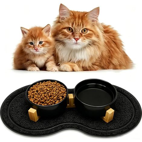 2 Pièces Gamelle pour Chien,Gamelle Surélevée pour Chien et Chat,Double Gamelle Chat Surelevee Ceramique,avec Support en Bambou et Tapis Antidérapants,Gamelles pour Chiens de Petite et Moyenne Taille (1/5)