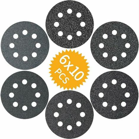 Disques de ponage 60PCS 125mm en Carbure de Silicium , Disques Abrasifs 60 100 150 180 240 320 grains 8 trous pour Ponceuses (1/5)