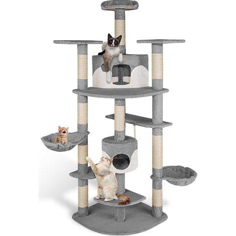 Arbre à chat 201 cm avec griffoir en sisal, hamac, 2 cabanes et 2 couchettes (1/5)