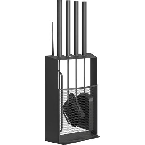 Juego de herramientas metálicas para chimenea de 5 piezas con cepillo, pala, atizador, pinzas y soporte, 28x13x59,5 cm, negro (1/5)