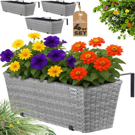 Casaria Fioriera in Rattan 11 L Incl. Supporto Balcone Rimovibile Vaso Portafiori Deco Esterni in Vari Set e Colori Grigio
