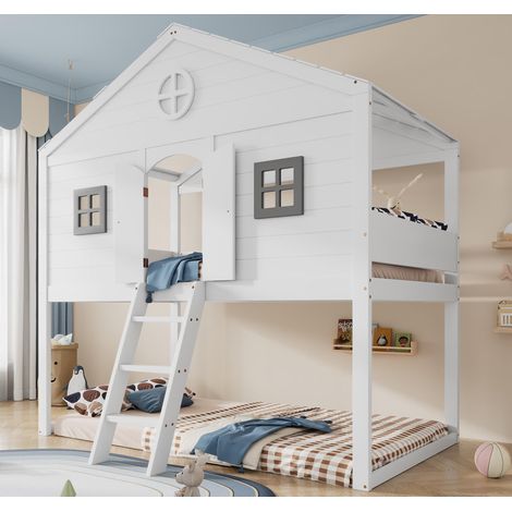Lit superposé 90x200 cm en bois massif - Avec échelle - Avec forme de toit - Blanc (sans matelas)