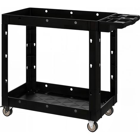 Chariot d'atelier à 2 étages avec poignée et trous d'accroche, pour garage et entrepôt, charge 227 kg, noire