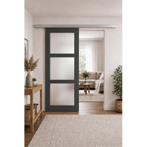 Porta scorrevole rivestita in grigio chiaro 'Blakeria' larghezza 83 + binario in alluminio (1/2)