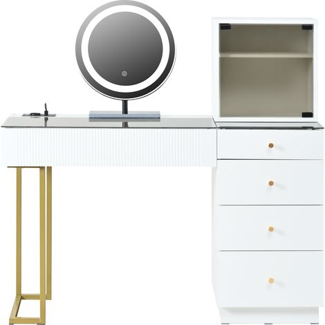 Tocador con espejo LED, tapa de cristal templado, 5 cajones y 1 armario, blanco, 120 x 40 x 120 cm (1/5)