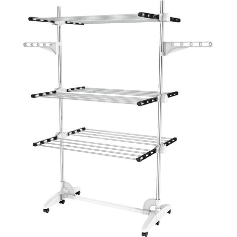 Todeco – Etendoir à linge 3 étagères – Tubes en acier inoxydable – Charge 3 kg par barre – Dimensions déployées 87,9 x 66 x 145 cm (1/10)