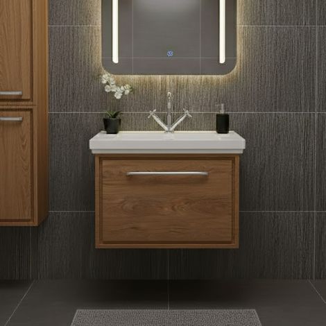 Hudson Reed Lille Wall Hung 1-Drawer Vanity Unit with 1TH Classique Basin 600mm Wide - Antique Oak (1/5)