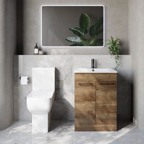 Napoli 460 Tobacco Oak 600mm 2 Door Vanity Unit and Tacoma Comfort Height Toilet Suite with Angel Basin - 600mm - Matt Black 160mm Handle