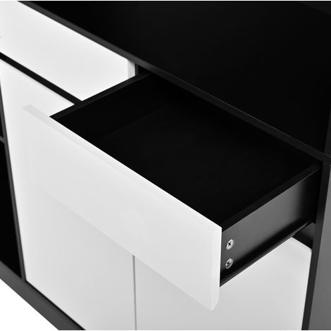Highboard multifonction en MDF avec éclairage LED intégré, vitrine et rangements noirs et blancs, 120x35x180 cm (1/5)