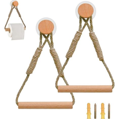 2-Pack Vintage Toilet Paper Holders - Rustic Wooden Rope Towel Holder for Kitchen and Bathroom (1/5)