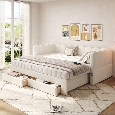 DESVIAE Lit de jour extensible avec 2 tiroirs de rangement ports USB et USB C tissu beige 90x190 cm extensible 180x190 cm (1/5)