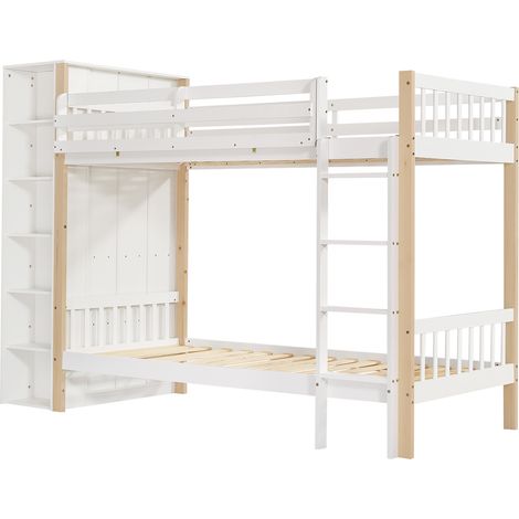 Letto a castello per bambini 90 x 200 cm con scala a 4 gradini, ripiani e armadio, bianco e naturale (1/5)