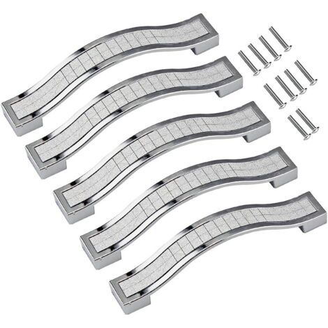 Boutons et poignées de meubles,Lot de 5 poignées de tiroir en alliage strass cristal pour commode armoire de cuisine placard, Silver, 128MM-5PCS (1/4)