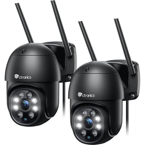 Ctronics Caméra Surveillance WiFi Extérieure 2K PTZ Caméra IP Vision Nocturne Couleur 30M Détection Humaine Suivi Automatique 355° 90° Audio Bidirectionnel IP66 Étanche Slot Carte TF, Lot de 2, Noir (1/5)