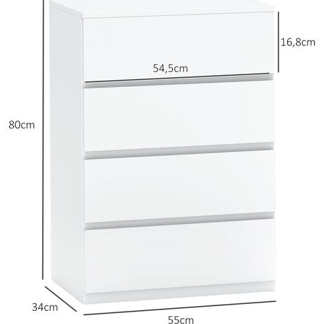 Cassettiera, credenza, cassettiera, 4 cassetti, 55 cm x 33 cm x 80 cm, bianca
