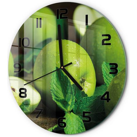 Horloge Murale Ronde Objet Décoratif en Verre Silencieuse pour Salon Pommes vertes fi 30 cm