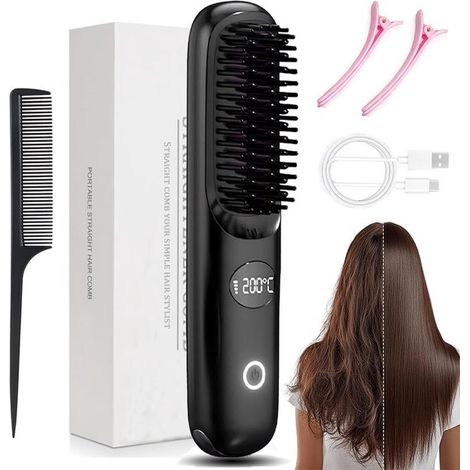 Brosse lissante à ions négatifs 2026 - Lisseur sans fil - 3 réglages de température - Affichage LED - Chauffage rapide - Protection contre les brûlures - Lisseur à résistance céramique - Noir (1/5)
