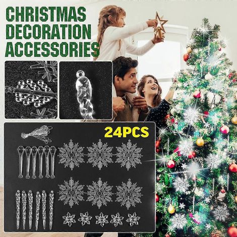 24 piezas de adornos de árbol de Navidad de acrílico con forma de copo de nieve y carámbanos, adornos de árbol de Navidad de cristal transparente con accesorios de cristal. (1/5)