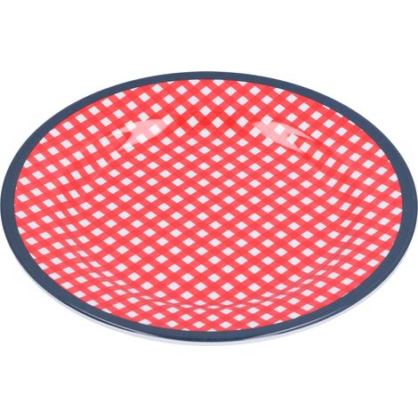 Assiette plate décorative réutilisable de 23 cm en imitation porcelaine, légère et idéale pour les gâteaux et les fruits. Grille rouge. (1/5)