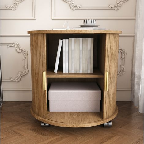 Table de chevet cylindrique avec station de charge, porte coulissante, rangement, chêne, 60 cm (1/5)