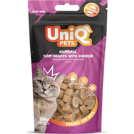Uniq Pets  Golosinas blandas para gatos  Paquete de 50 g - Bolas de pelo en forma de corazón con pollo (50 g)