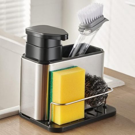 Dispensador de jabón líquido 3 en 1 con soporte para esponja, Acero inoxidable, Práctico e higiénico (Accesorios no incluidos) (1/5)