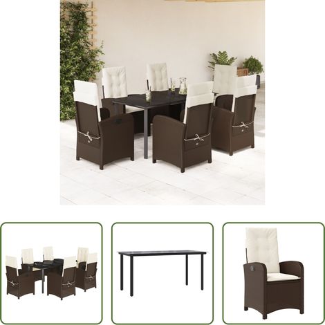 vidaXL Gartenessgruppe - 7-tlg. Garten-Essgruppe mit Kissen Braun Poly Rattan (1/5)