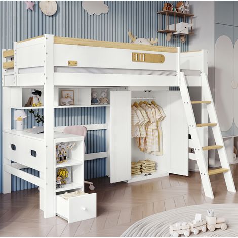 Litera infantil de madera de pino y MDF blanco/natural 90x200 cm con escritorio, armario y estanterías (1/5)