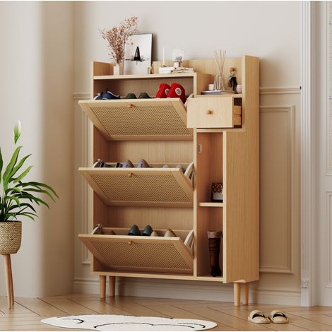 Mueble zapatero de MDF y madera, 3 puertas abatibles, 1 cajón, natural DESVIAE (1/5)