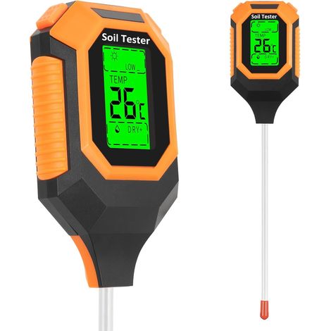 Medidor de suelo 4 en 1, pantalla LCD retroiluminada, mide humedad, temperatura y brillo, para uso en interiores y exteriores. (1/5)