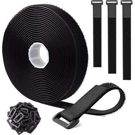 Bande Scratch avec 50 Boucles – Attaches Câbles Réutilisables Ruban Auto-agrippant Coupable sur Mesure pour Trier Fils, Gaines et Tuyaux, Noir (2 cm x 10 m) (1/5)