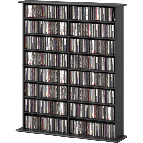 CD/DVD-Aufbewahrungsschrank mit 16 Fächern und 12 verstellbaren Einlegeböden, Kapazität für 720 CDs, 396 DVDs und Blu-rays, schwarz