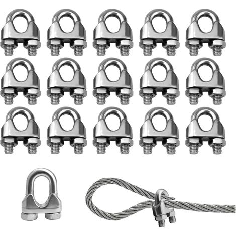 Lot de 16 serre-câbles en acier inoxydable de type U M4 avec finition argentée – Durable pour cordes à linge, clôtures de jardin, rails de rideaux et fixations extérieures