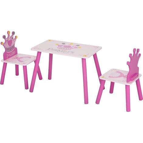 Ensemble table et 2 chaises sur le thème des princesses pour chambres d'enfants, en bois rose avec dossier en forme de couronne (1/5)