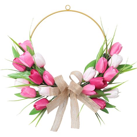 Guirlande De Tulipes - Cercle Métallique Doré - Pour Porte D'Entrée Extérieure - Décoration Printemps Mariage Pâques - 1 Pièce (1/5)